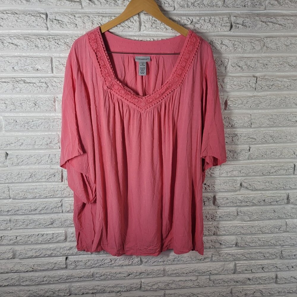 Catherines Womens Top 4X Plus Bell Sleeve Pink Swiss Dot Crochet PIN22E